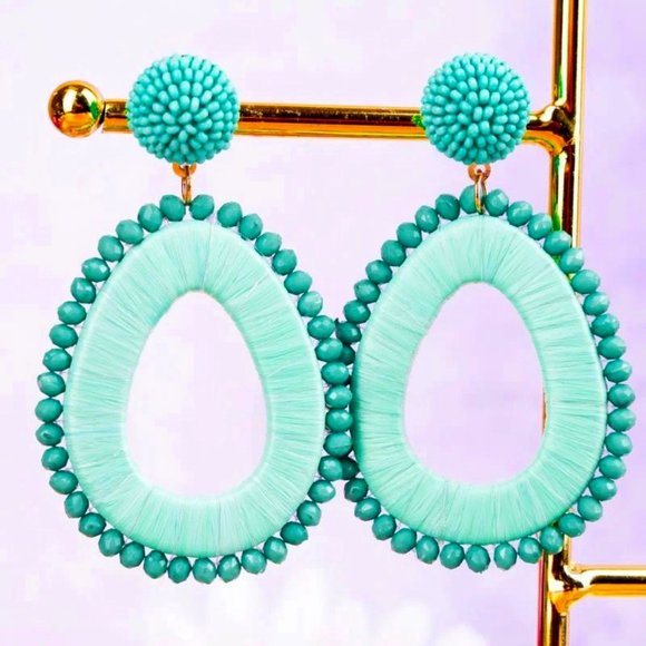 Viola Jewelry - Earrings. Teal & Aqua. Teardrop Shaped, Seed Beads, Raffia. NWT.